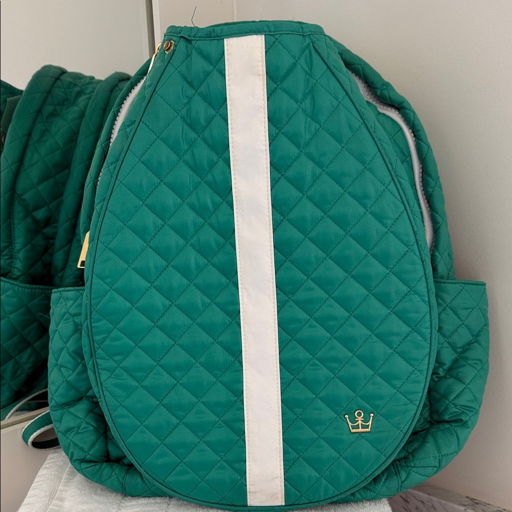 Quilted Emerald Green Backpack with White Stripe
